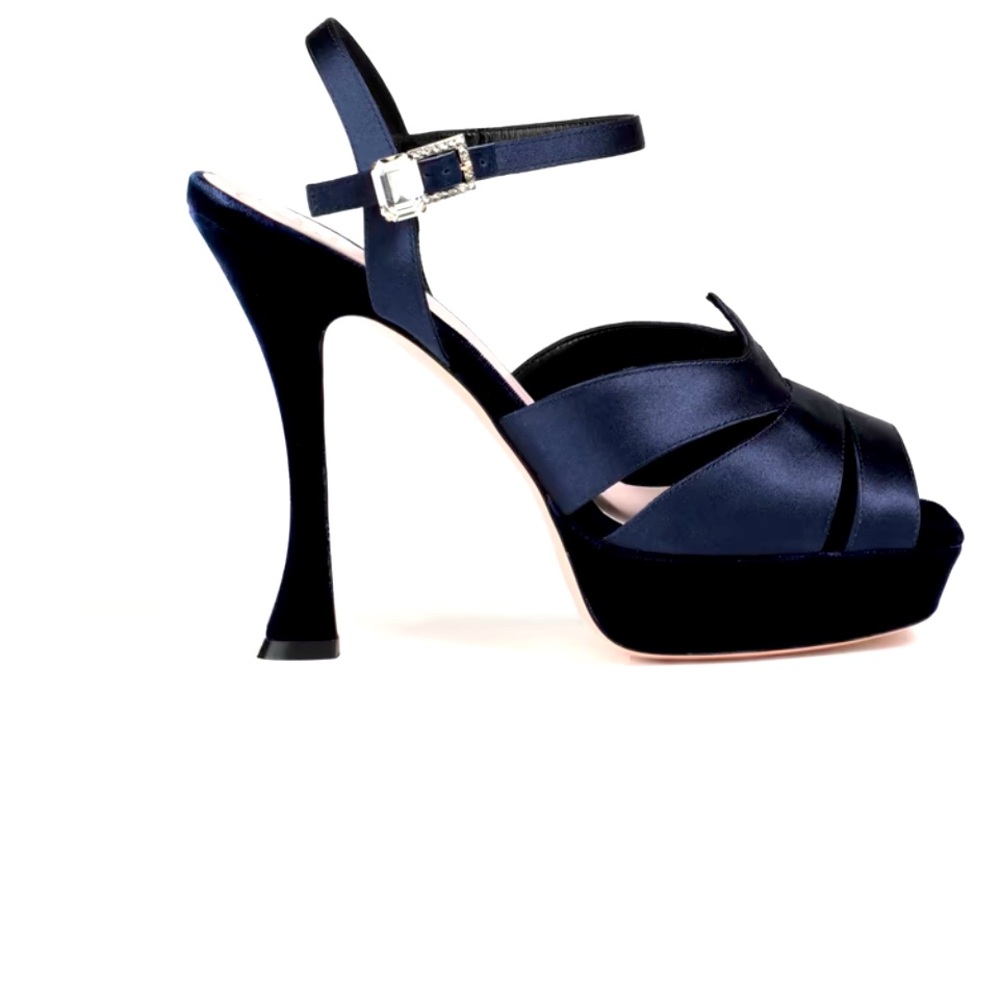 New in the box Roger Vivier navy blue satin and velvet platform shoes, size 7